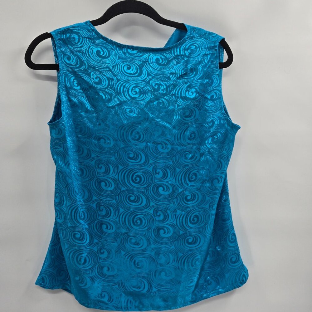 Vintage 80s 90s TanJay Electric Blue Embossed Swirls Sleeveless Cowl Top - Picture 4 of 7
